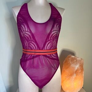 Purple Mesh Bodysuit with Orange Stripe